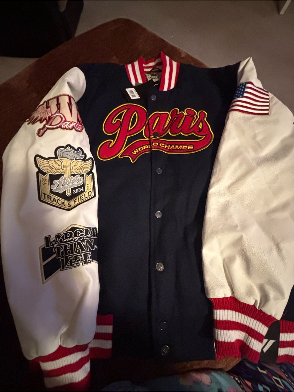 Paris Embroidered Varsity Bomber Jacket in Navy & White